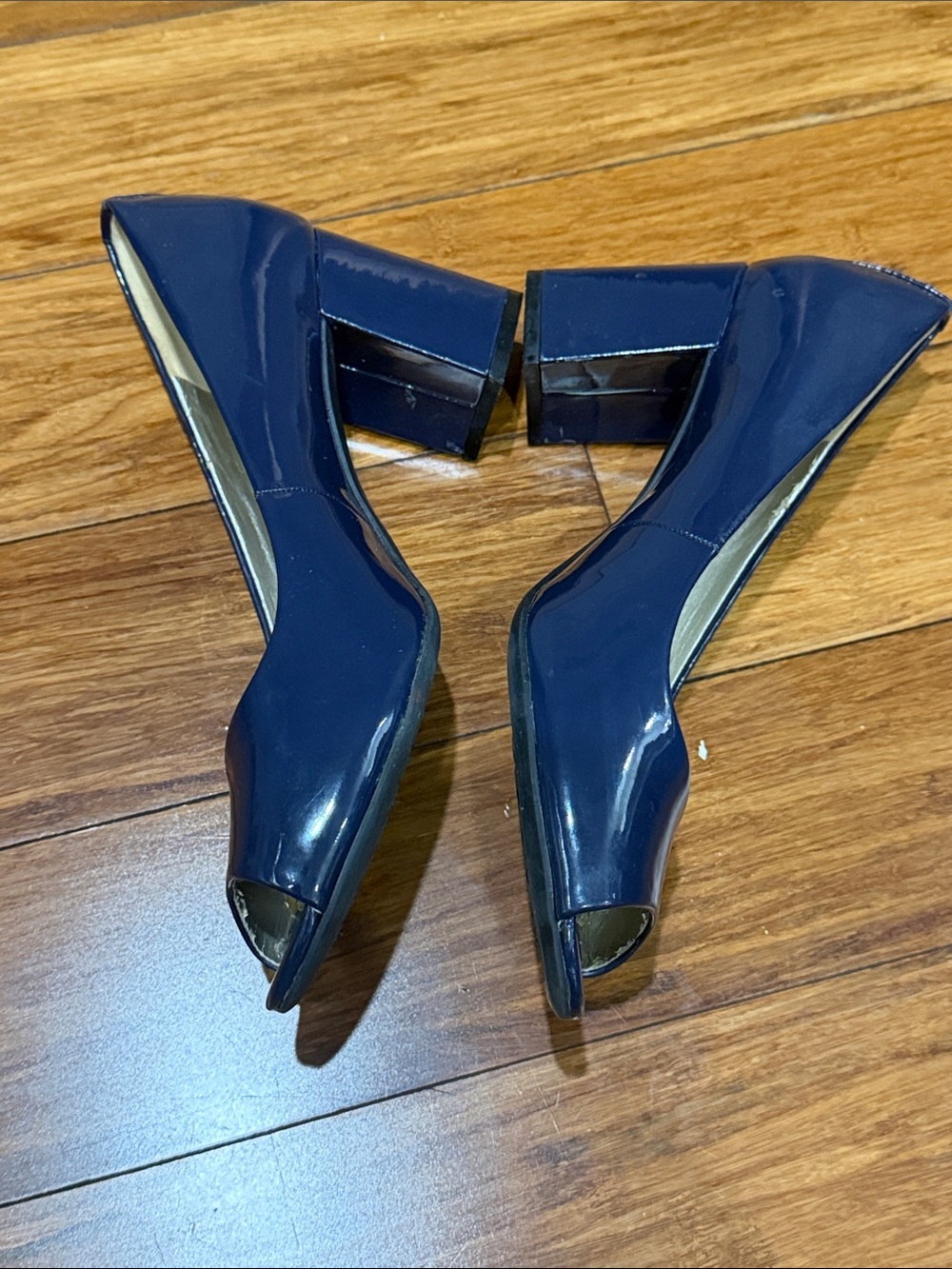 Anne Klein Navy Patent Peep-Toe Block Heels size 9